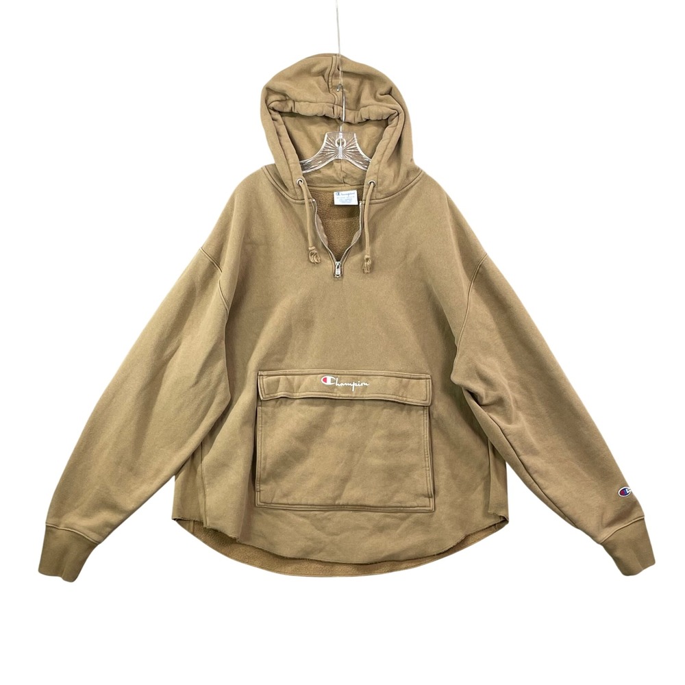 Champion Hoodie Womens 2XL Tan Reverse Weave Quarter Zip Cargo Pocket Pullover